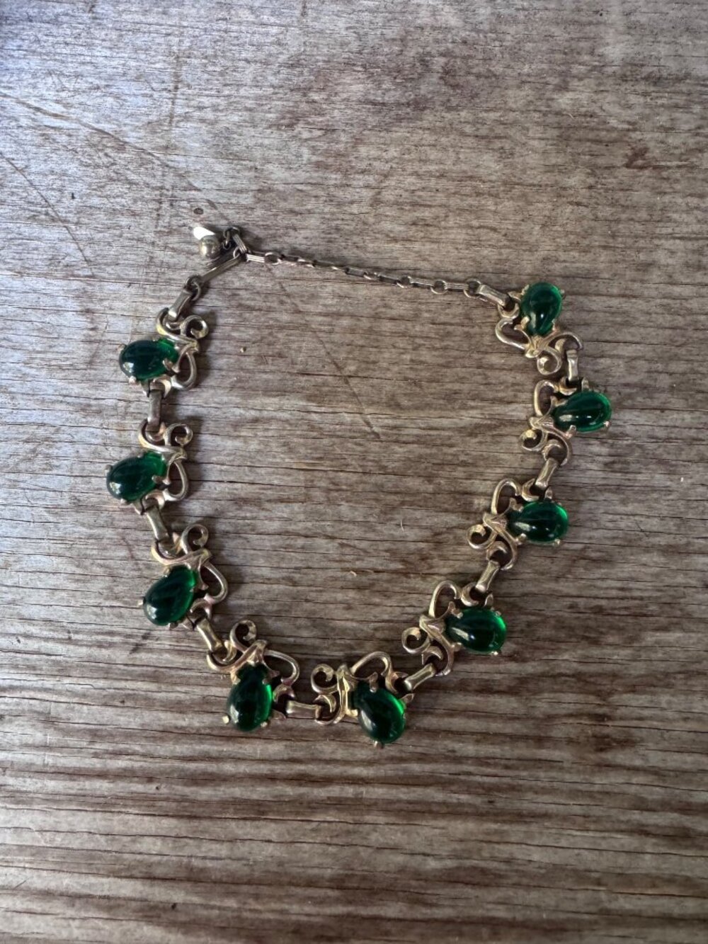 Barclay Necklace Womens Green Jelly Belly Cabochon Gold Tone Vintage Signed
